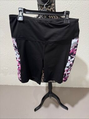 Black Athletic Bike Shorts with Pink Floral Side Panels Pockets